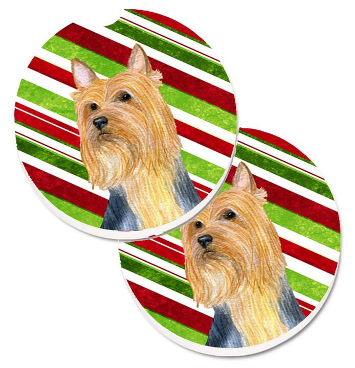Caroline's Treasures Silky Terrier Candy Cane Holiday Christmas Set of 2 Cup Holder Car Coasters LH9226CARC, 2.56, Multicolor