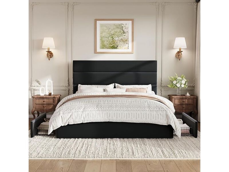 Full Platform Bed &ndash; Black Velvet Frame with 4 Storage Drawers & Wooden Slat Support image number 1