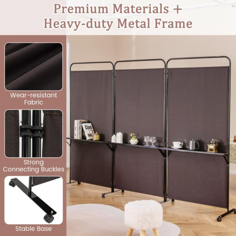 Hivvago 3-Panel Folding Room Divider with 3 Metal Shelves and Lockable Wheels