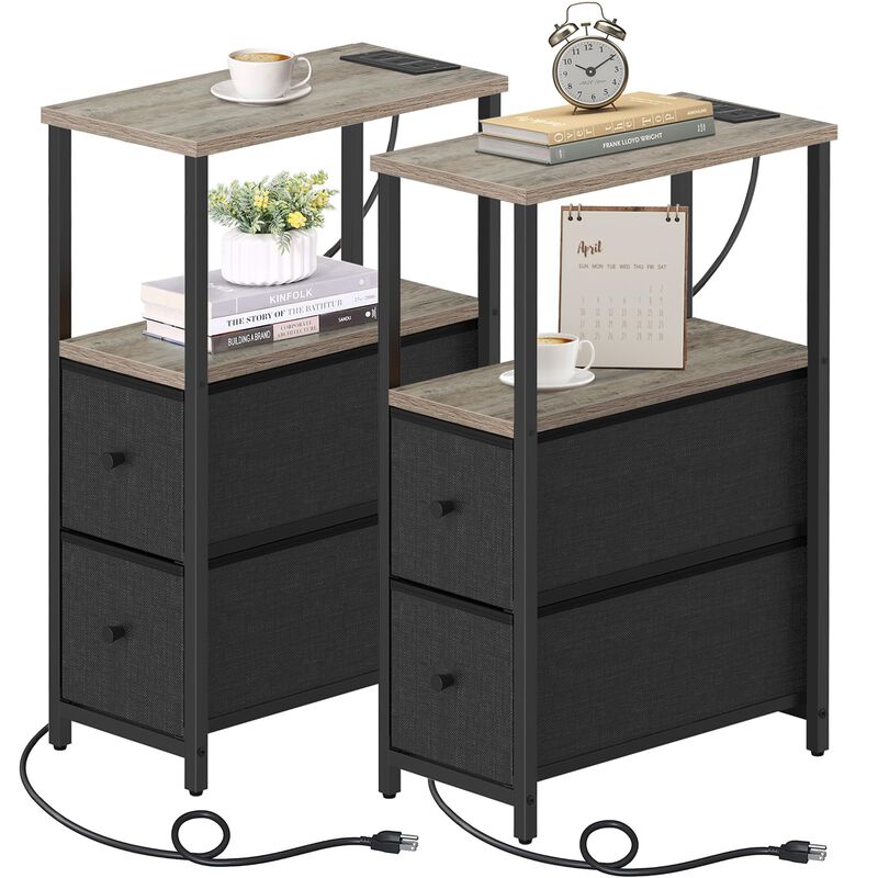 TUTOTAK Small Narrow End Table with Charging Station, Set of 2, Side Table with Outlets, Nightstand with 2 Cloth Drawers, Couch