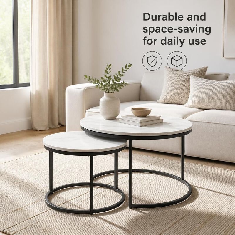 GOODSILO Round Nesting Coffee Table Set of 2, Space-Saving Stackable Side Tables with Marble Pattern Top and Sturdy Metal Frame for Living Room Bedroom Balcony image number 4