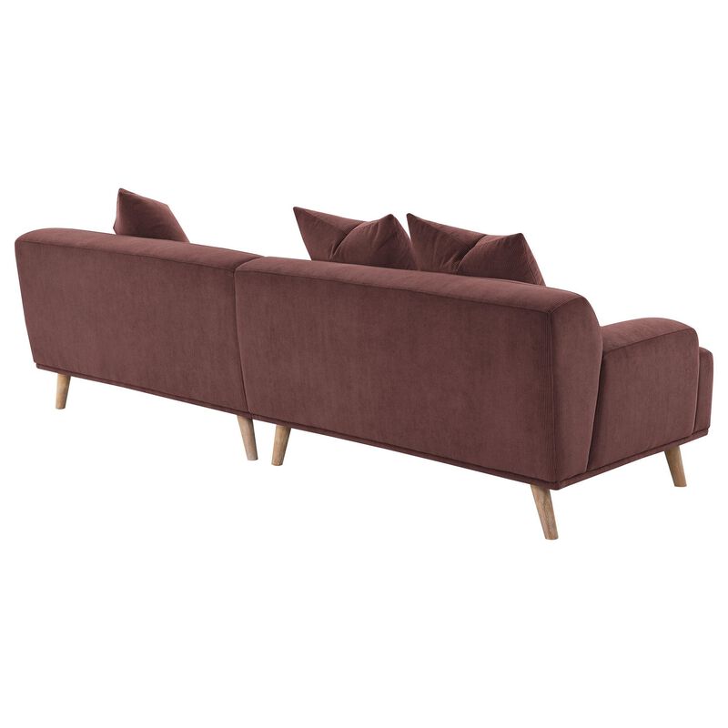 Beno Long Sofa, 103 Inch, Retro Burgundy Red Corduroy, 4 Throw Pillows - Benzara