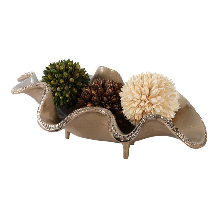20x12" Curvy Metal Bowl, Tan/gold