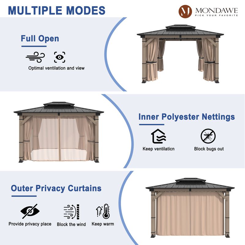 Mondawe Beverly Hills 10 ft. x 12 ft. Outdoor Fir Solid Wood Frame Patio Gazebo Canopy Shelter Galvanized Steel Hardtop with Netting And Curtain