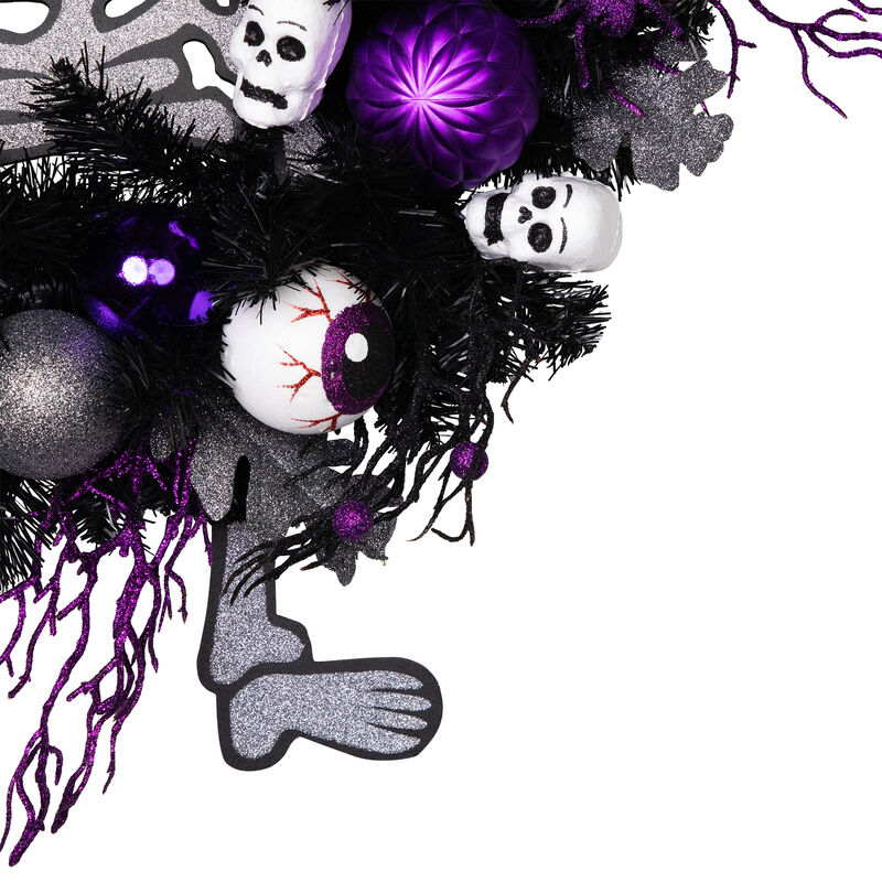 Purple and Black Spooky Skeleton Pine Halloween Wreath  24-Inch  Unlit image number 2
