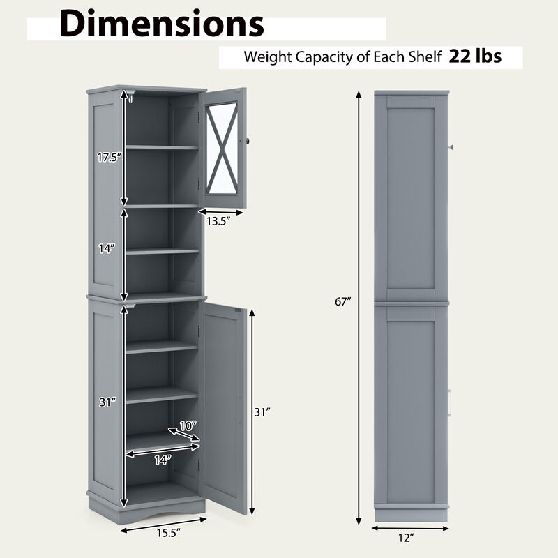 Bathroom Storage Cabinet with 5 Adjustable Shelves, Tall Freestanding Design