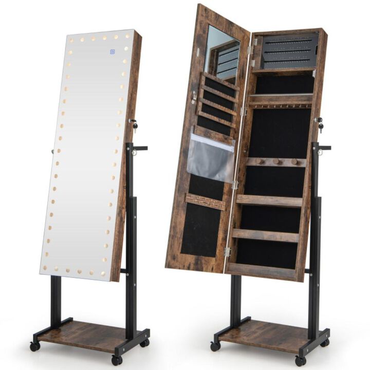 Hivvago 3-Color 46 LED Lights Mirror Jewelry Cabinet Armoire Adjustable Height with Wheels