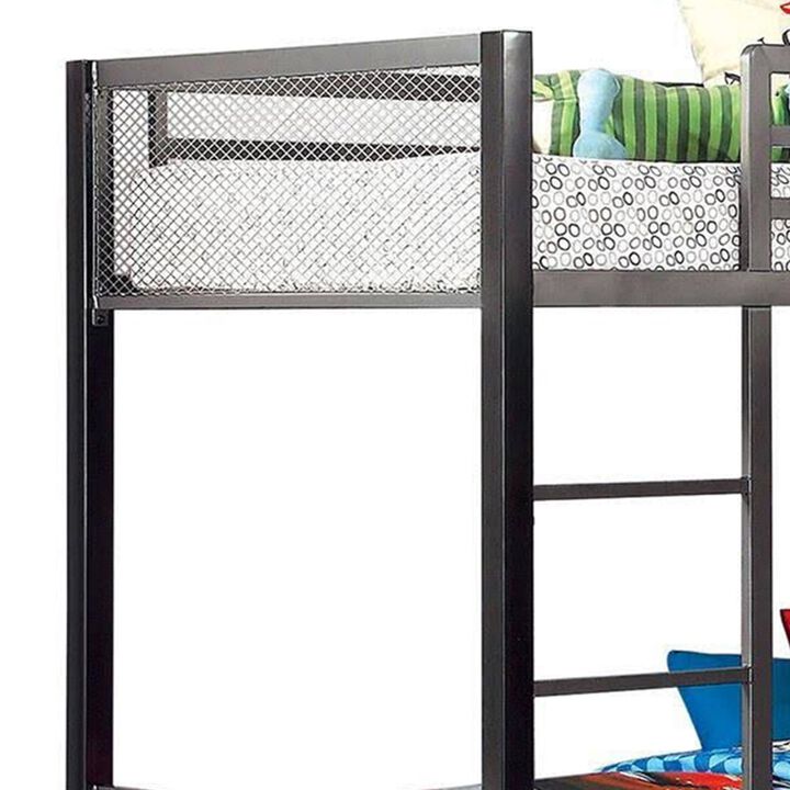 Benjara Triple Twin Size Bunk Beds with Desk and Ladders, Silver Metal Frame