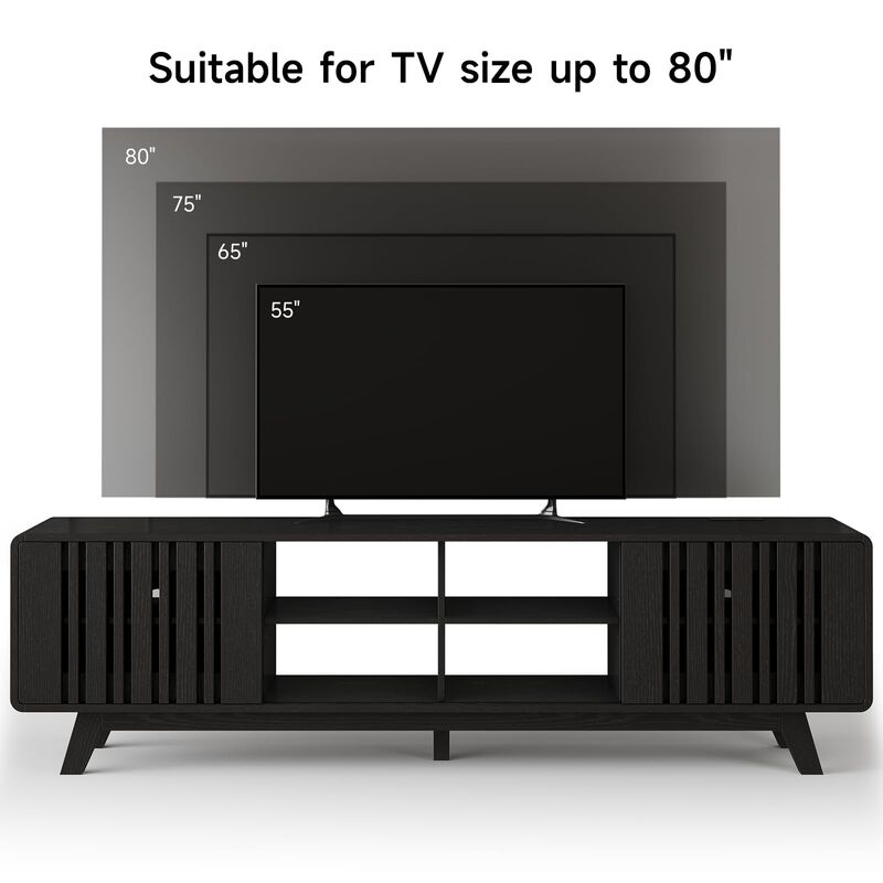 Mid-Century TV Stand 70" for 80" TVs, Power Outlet, Sliding Grille Door, Storage image number 4
