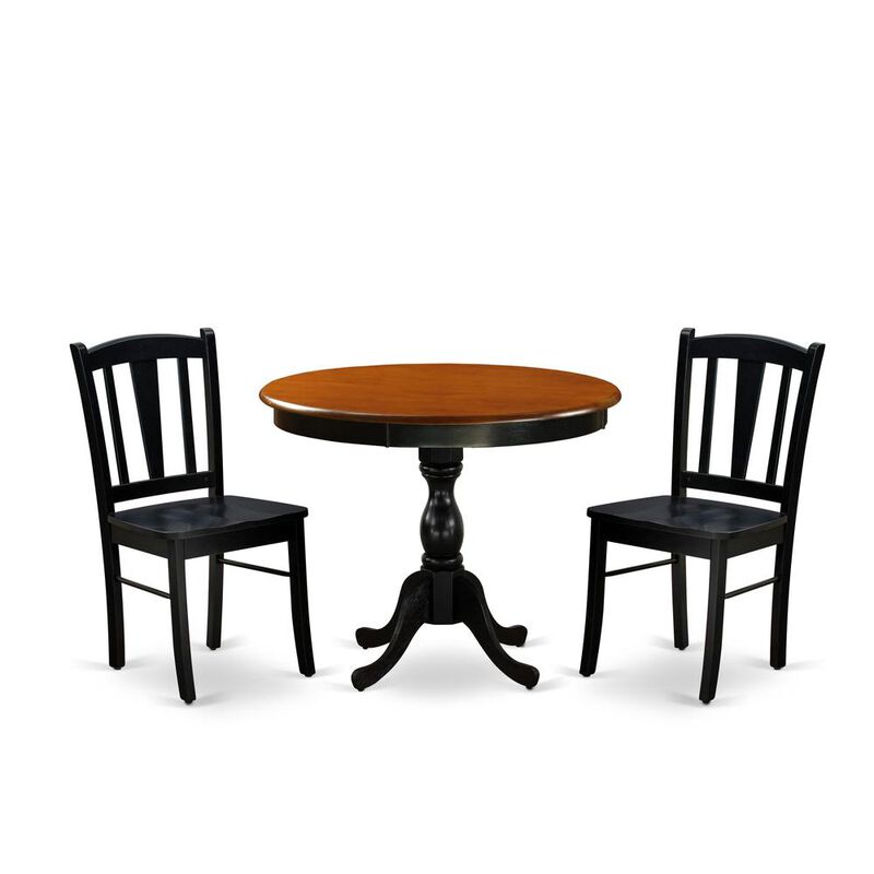 East West Furniture 3-Pc Kitchen Dining Table Set Contains a Dining Table and 2 Mid Century Dining Chairs with Slatted Back - Black Finish