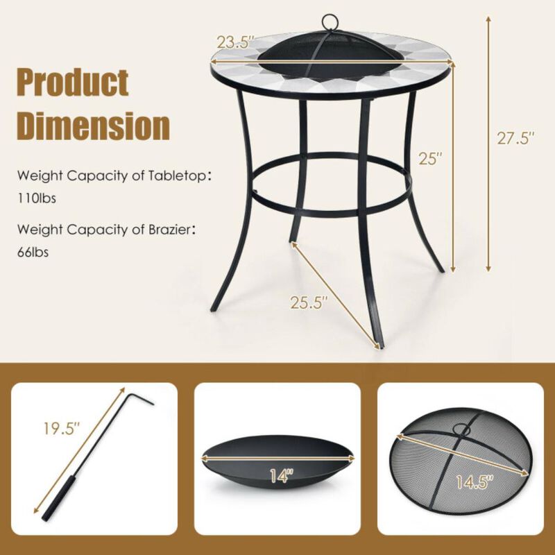 Hivvago 23.5 Inches Round Fire Pit Table with Mesh Cover and Fire Poker