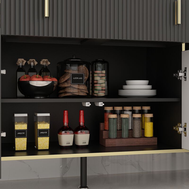 Black Wavy Paint Finish Floor-Standing Sideboard Cupboard with 4-Doors 2-Drawers Adjustable Shelves