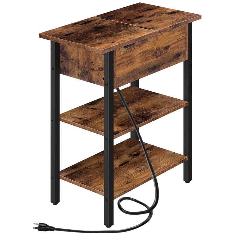 Flip-Top End Table with Charging Station, Compact Narrow Side Table-Brown image number 0