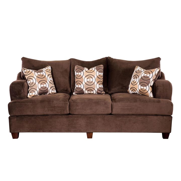 Roswell Sofa Loveseat Set, Chocolate Brown Chenille, 5 Accent Pillows - Benzara