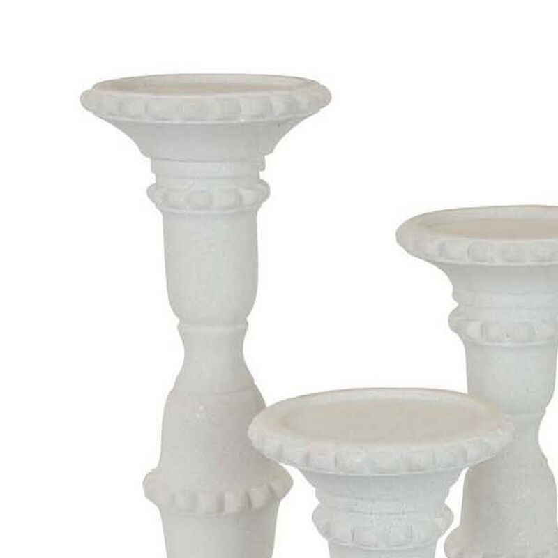 Accent Candle Holder Set of 3, Tall Pillars, Heavy Base, White Resin - Benzara