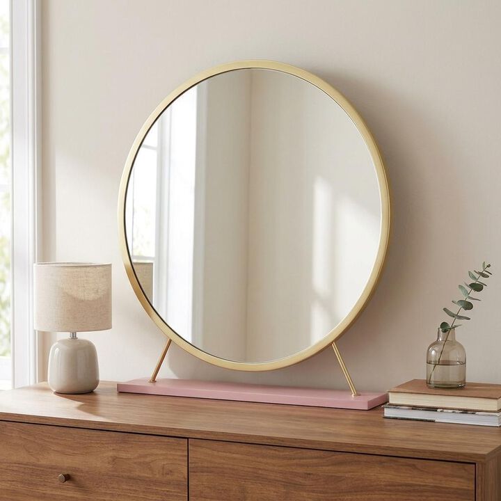 HomeRoots 19" Brass Metal Round Freestanding Ornate Framed Makeup Shaving Tabletop Mirror