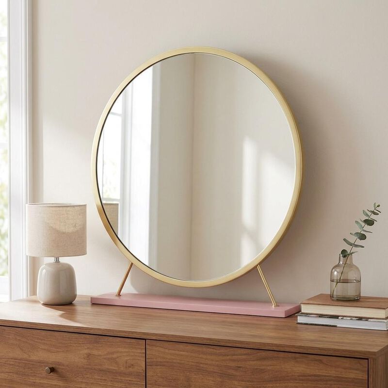 HomeRoots 19" Brass Metal Round Freestanding Ornate Framed Makeup Shaving Tabletop Mirror image number 1
