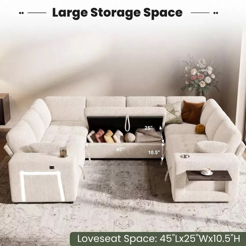 Vipbear 110" Modular Sectional Sleeper Sofa, 8-Seater Chenille U-Shaped Couch with Pull-Out Beds image number 7