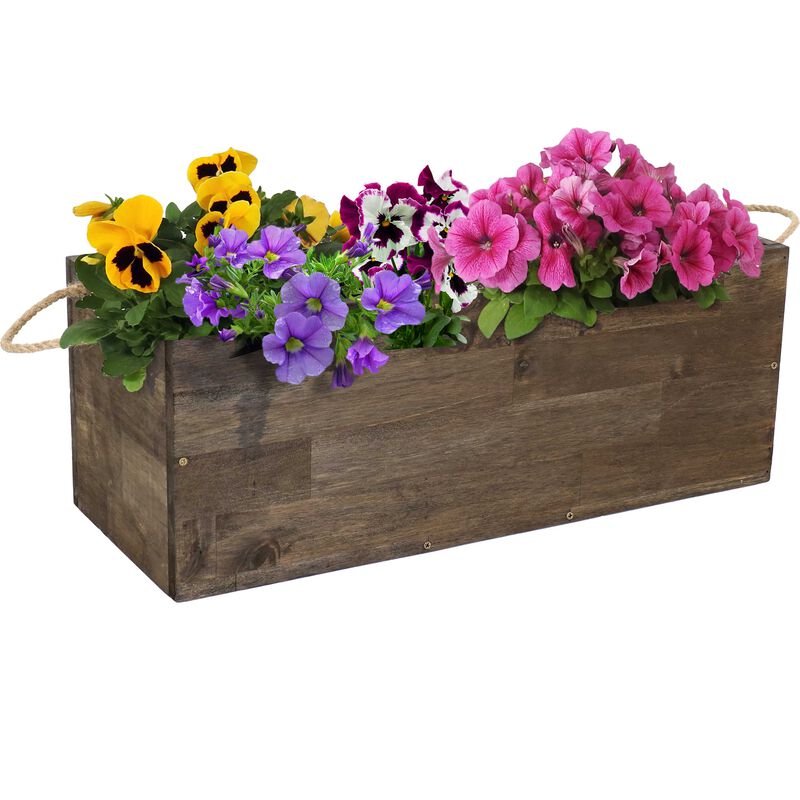 Sunnydaze Acacia Wood Rectangle Tray Planter with Handles/Liner - Brown