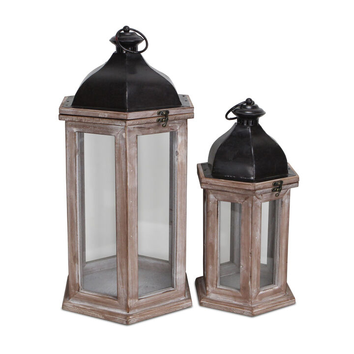 HomeRoots Set of Two Brown Geometric Metal And Solid Wood Floor Lantern Candle Holders