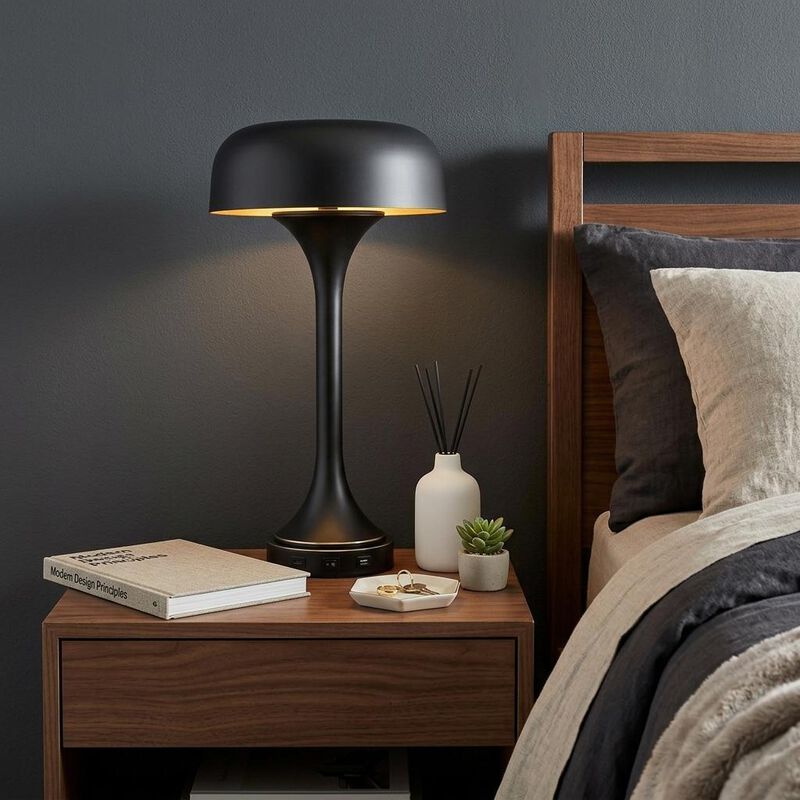 HomeRoots 22" Black Metal Two Light Novelty USB Table Lamp With Black Dome Shade image number 1