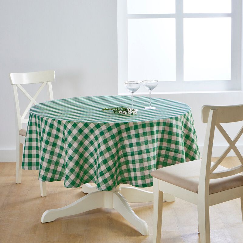 Solino Home Morgan Check 100% Linen Round Tablecloth &ndash; Handcrafted, Machine Washable, Perfect for Holiday and Everyday Dining