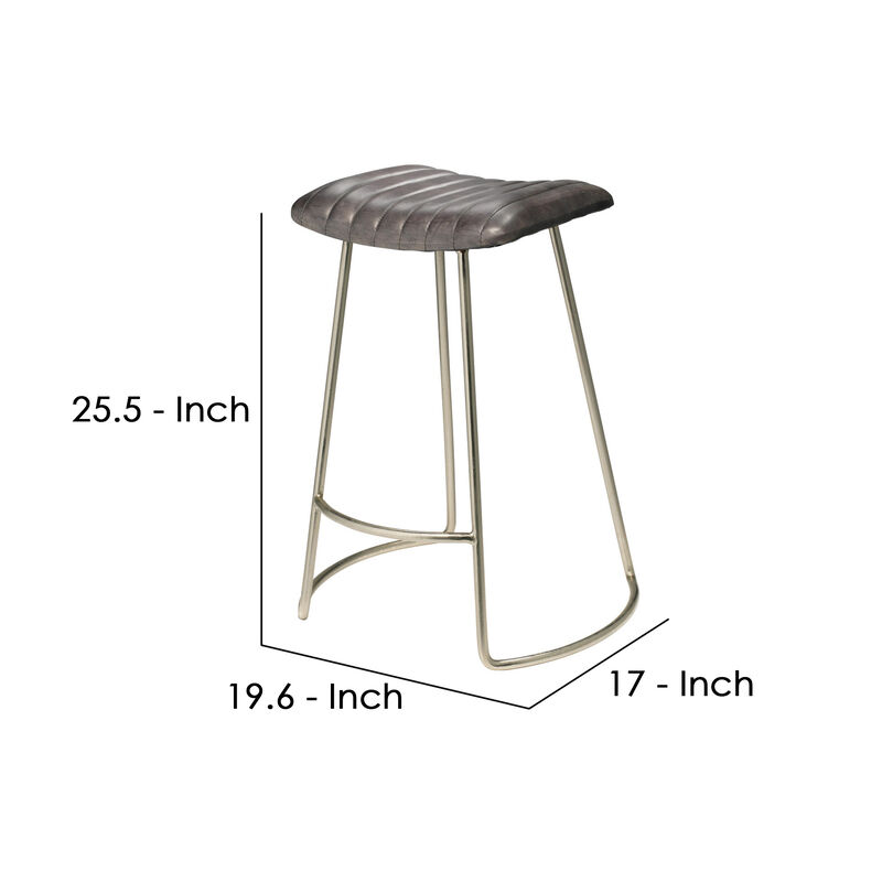 Counter Stool with Leatherette Vertical Channel Stitching, Gray and Silver - Benzara