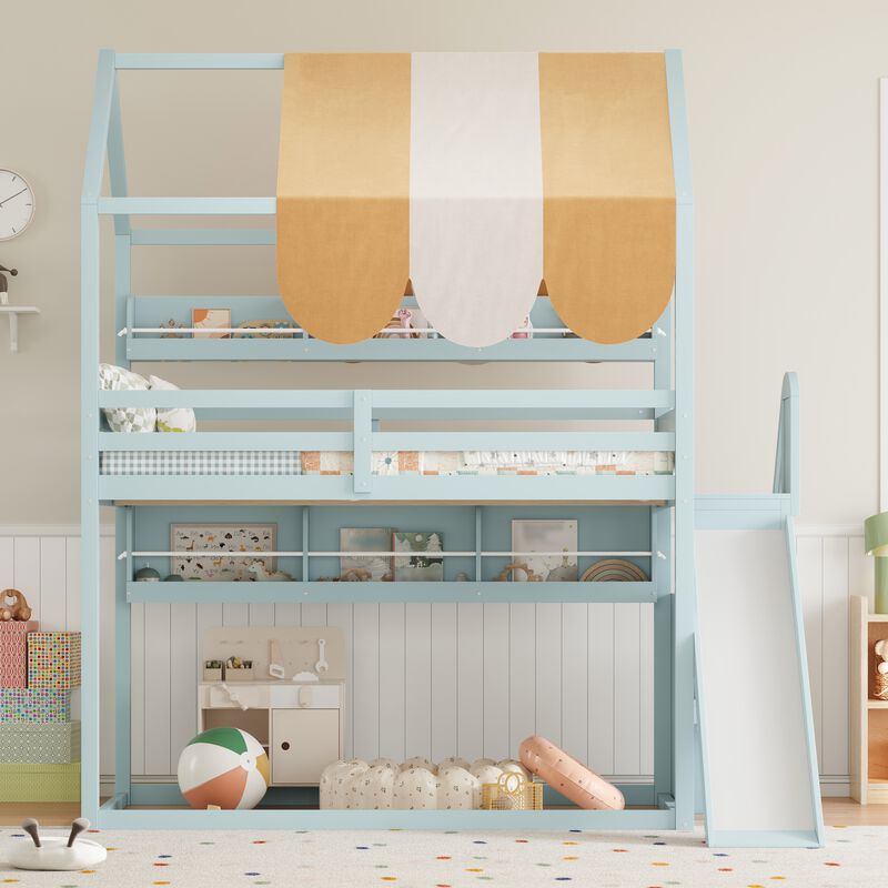 Merax Full Size White Loft Bed with Playhouse Canopy, Slide & Built-In Bookshelves image number 2