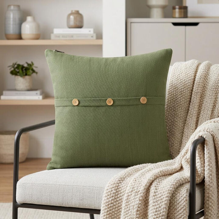 HomeRoots 20" Forest Green Cotton Throw Pillow With Buttons