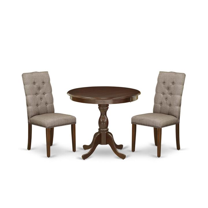 AMEL3-MAH-16 3 Piece Dining Table Set - 1 Dinner Table and 2 Dark Khaki Upholstered Chairs - Mahogany Finish