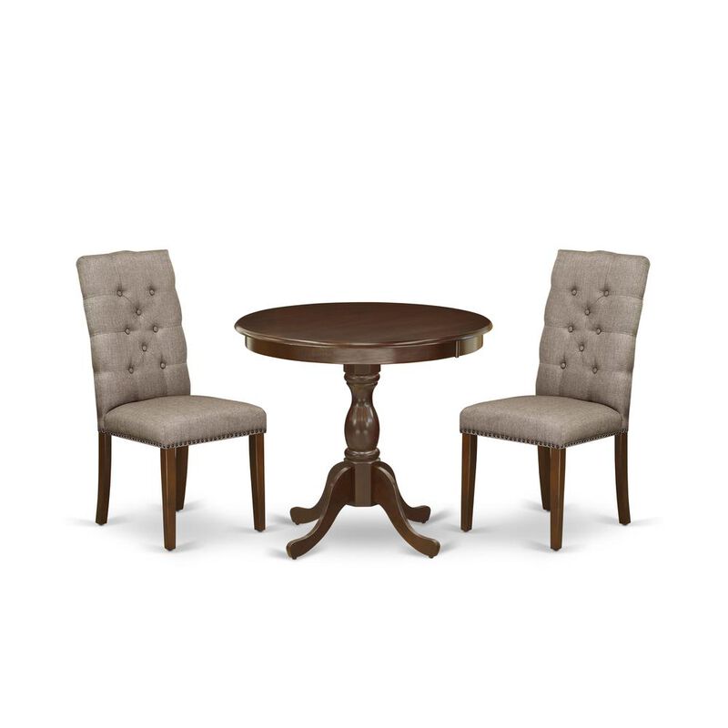 AMEL3-MAH-16 3 Piece Dining Table Set - 1 Dinner Table and 2 Dark Khaki Upholstered Chairs - Mahogany Finish
