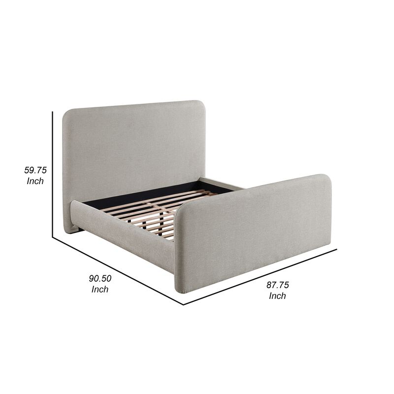Jene King Size Bed, Upholstered Panel Headboard, Rounded Corners, Gray - Benzara