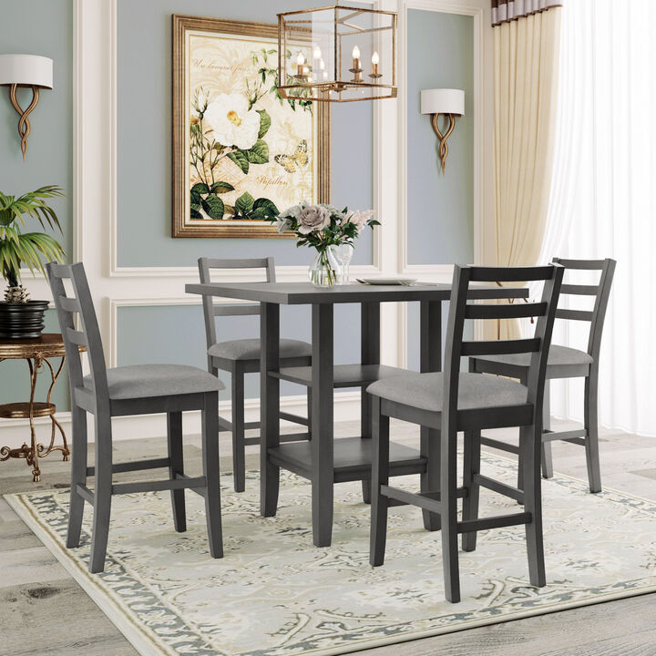 5-Piece Wooden Counter Height Dining Set with Padded Chairs and Storage Shelving