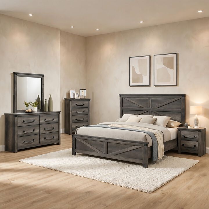 Bry 5pc Farmhouse Queen Complete Bedroom Set, Rustic Gray, Tall Dresser