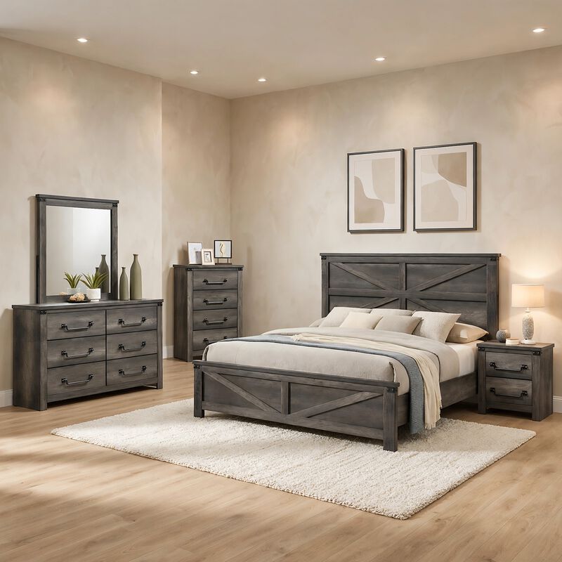 Bry 5pc Farmhouse Queen Complete Bedroom Set, Rustic Gray, Tall Dresser image number 1