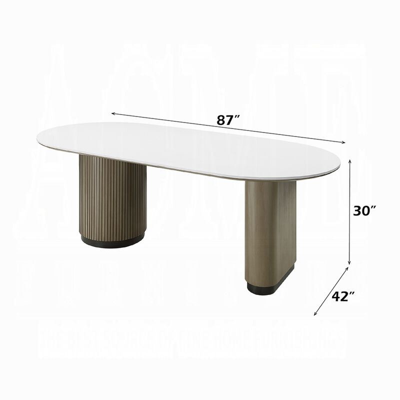 Jeh Dining Table, 87 Inch White Oval Top, Dual Pedestal Base, Oak Brown image number 7