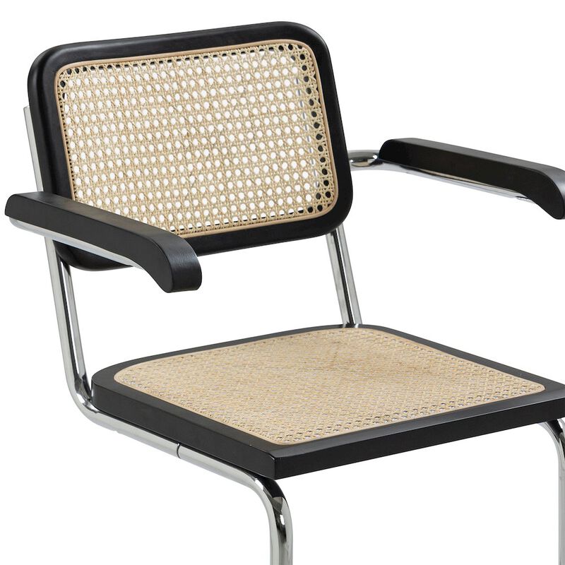 Glamour Home Set of 2 Barnard Black Wooden Dining Chair with Rattan Back and Chrome Legs