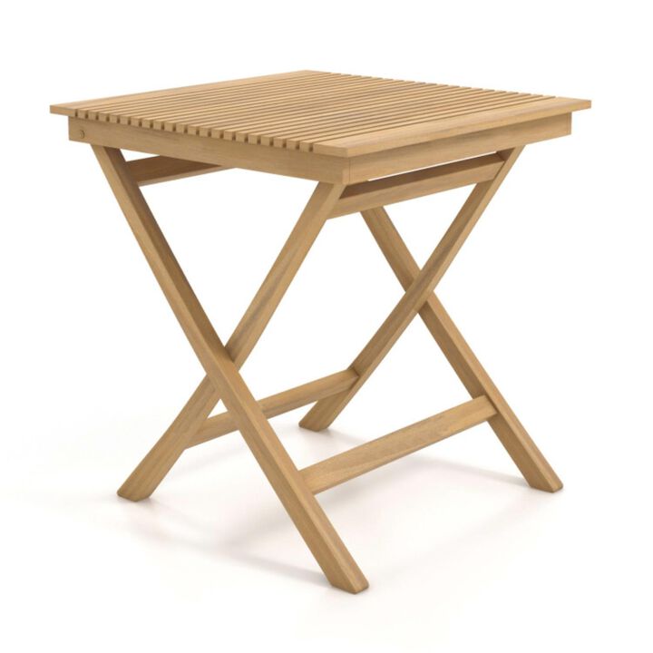 Hivvago 27.5 Inch Patio Bistro Table with Slatted Tabletop and Sturdy Wood Frame