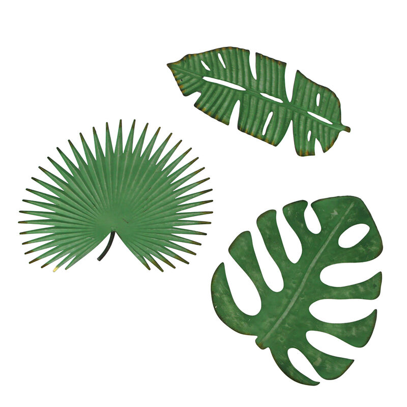 Set / 3 Antiqued Green Metal Tropical Leaf Wall Hanging Palmetto Monstera Banana image number 0