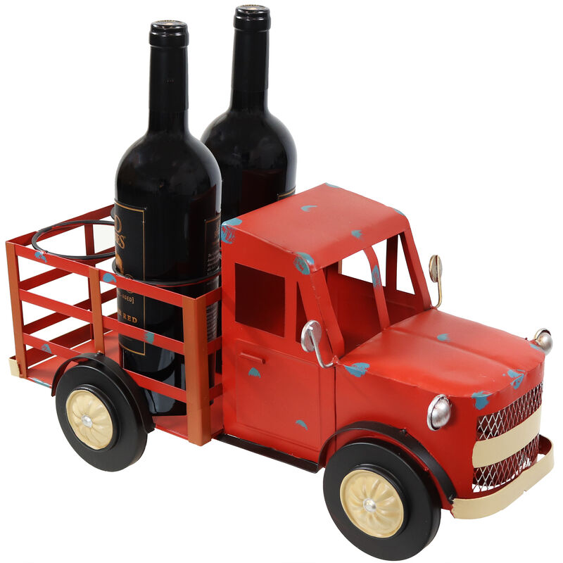 Sunnydaze Iron Sheet Rustic Red Truck Convenient Countertop Wine Rack