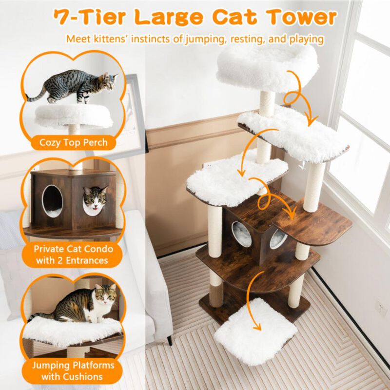 Hivvago 7-Layer Wooden Cat Tree Tall Cat Tower with Sisal Posts and Condo