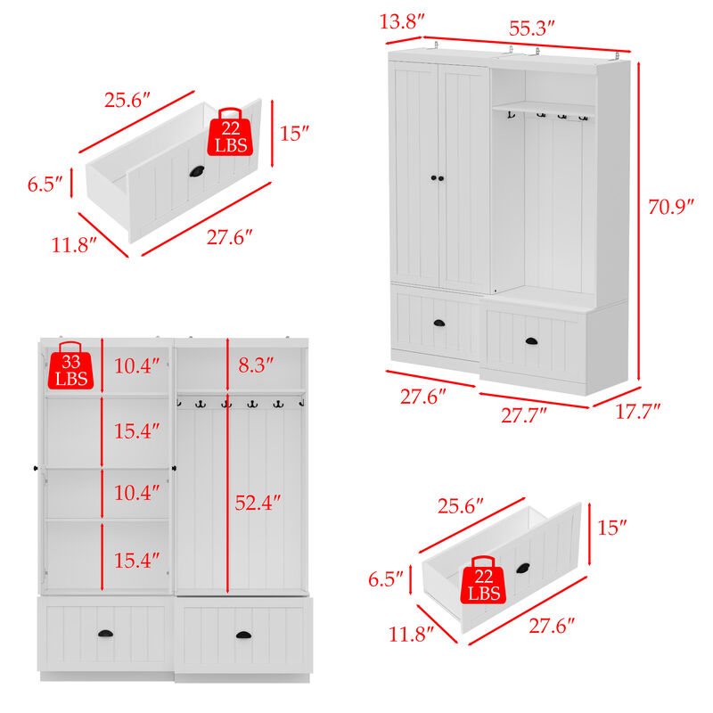 FUFU&GAGA White Hybrid Storage Wardrobe with Concealed Cabinet & Open Hanging, Dual Doors, Drawers, Shelf & Hooks (55.3" W x 17.7" D x 70.9" H)