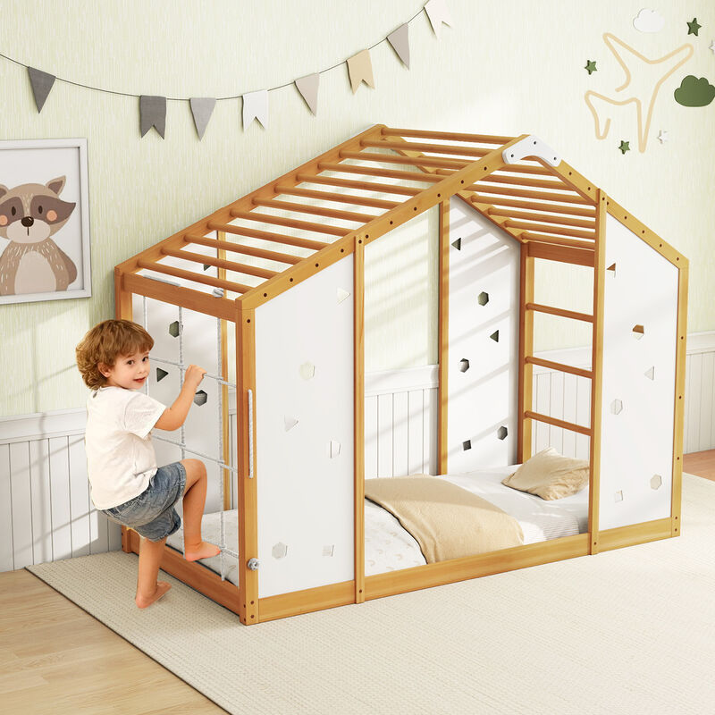 2-in-1 Twin Floor Bed with Monkey Bars &ndash; Montessori Climbing Bed, Natural & White image number 4
