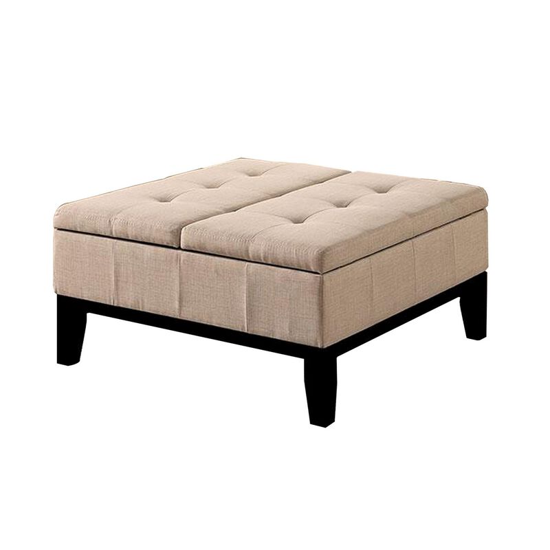Orin 36 Inch Ottoman, Split Storage Lid, Tufted Beige Upholstery, Wood - Benzara