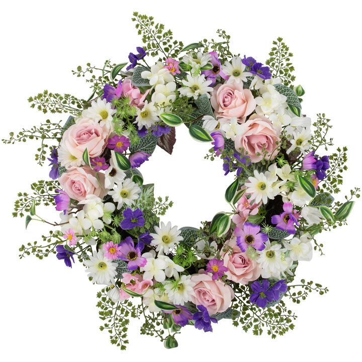 Mixed Floral and Fern Artificial Spring Wreath  24-Inch
