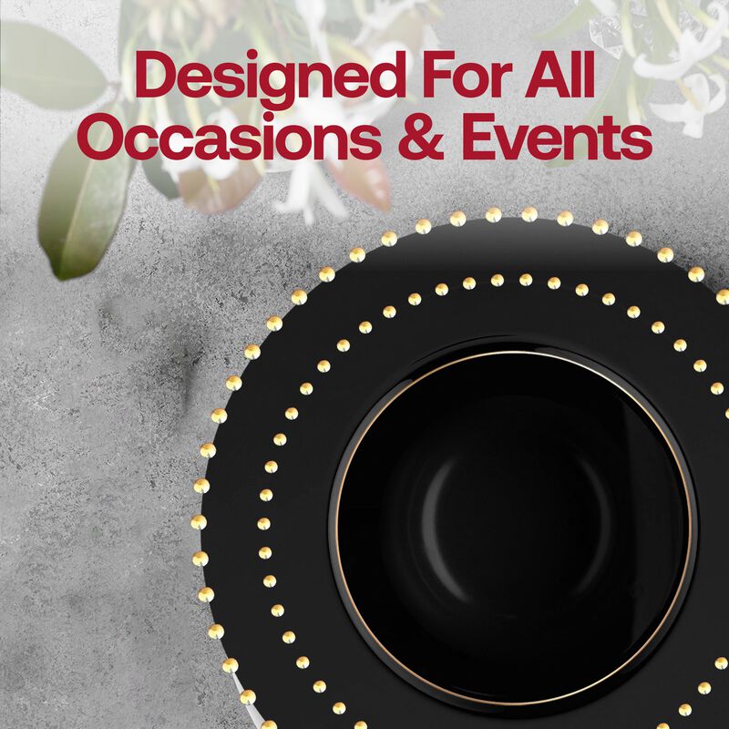 Black with Gold Pearl String Round Plastic Tableware Set (60 Sets) image number 6
