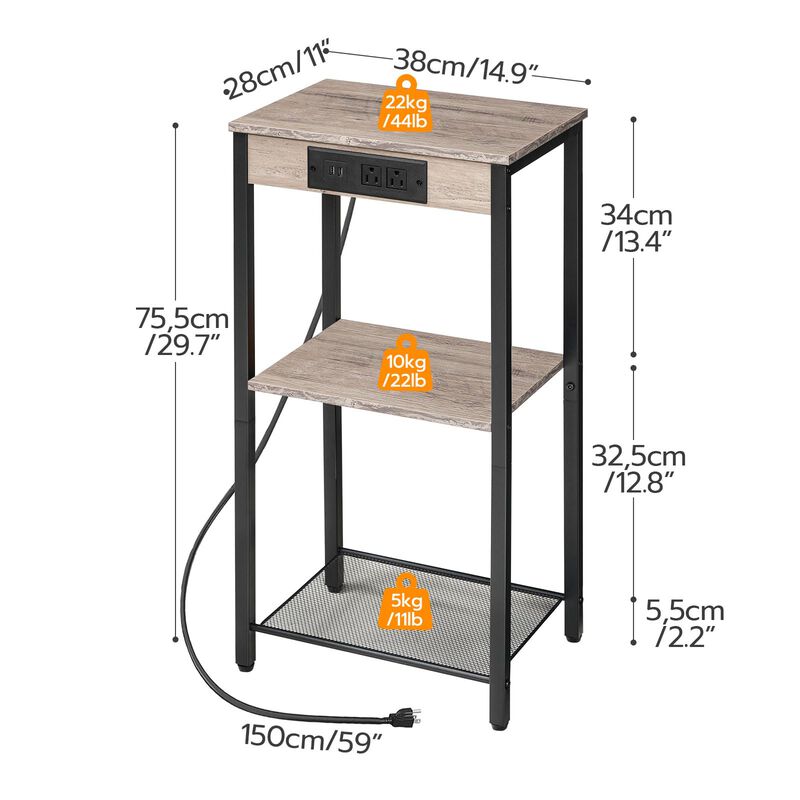 HOOBRO Tall End Table with Charging Station, 29.7 Inch Small Tall Side Table, 3-Tier Telephone Table, Small Entryway Table, High