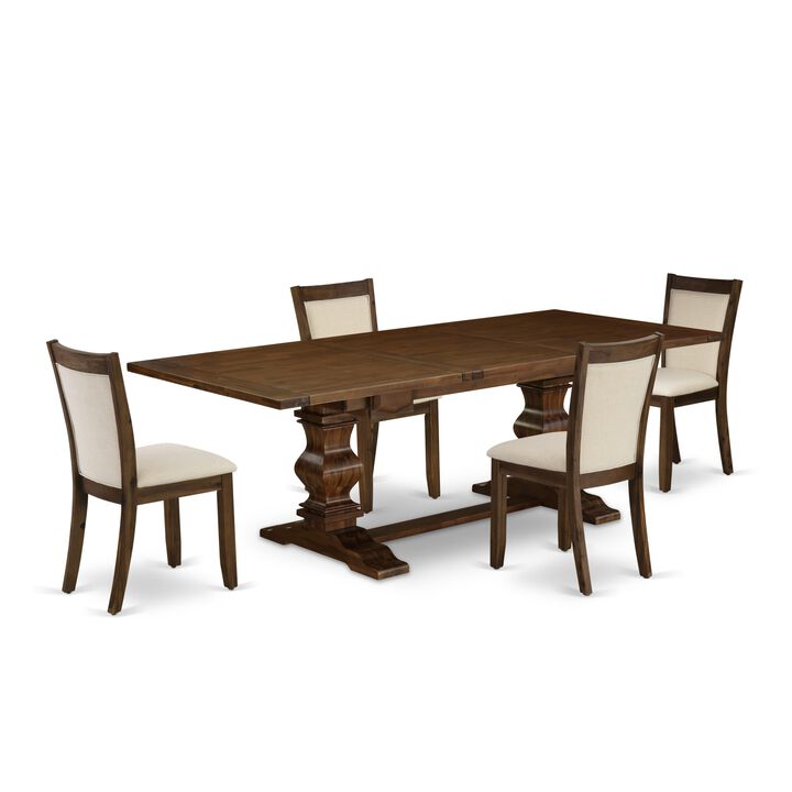 East West Furniture East West Furniture LAMZ5-N8-32 5-Pieces Dining Room Set - 1 Rectangular Modern Kitchen Table with Double Pedestal and 4 Light Beige Linen Fabric Chairs with Stylish High Back - Antique Walnut Finish