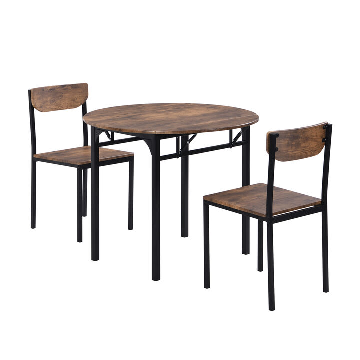 Modern 3Piece Round Dining Table Set with Drop Leaf and 2 Chairs for Small Places, Black Frame+Rustic Brown Finish