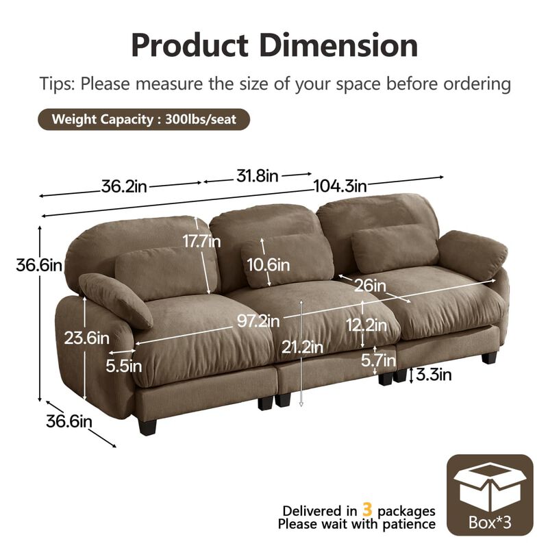 3 Seat modular cloud couch for living room, Chenille deep seat sofa with plush cushions, Modular 3 seater sofa for home image number 2